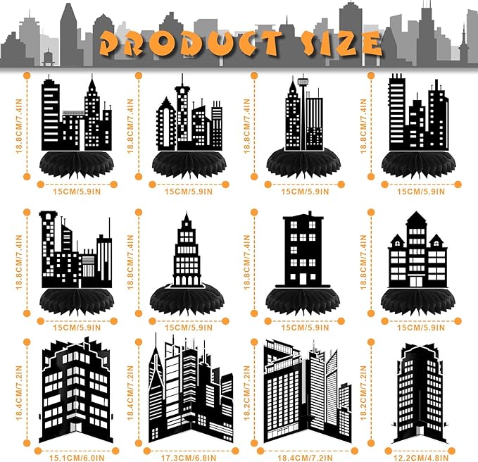 Pickmesh 12 Pieces Hero Party Decorations City Skyscraper Honeycomb Centerpieces Table Decorations Skyline Buildings Table Topper for Hero Birthday Skyscraper Party Supplies