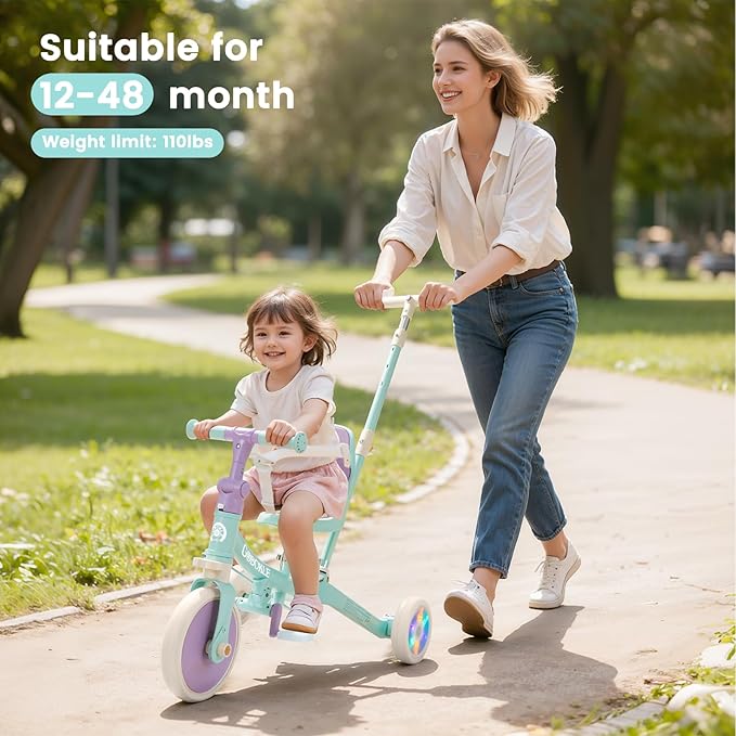 5-in-1 Tricycle for Toddlers 1-3, Convertible Toddler Bike with Push Handle & Removable Pedals, Balance Bike with Colorful Lighting Wheels, Adjustable Seat Height with Backrest(Green-Purple)