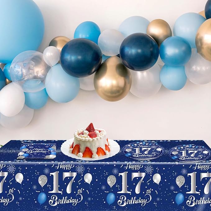 41 PCS 17th Birthday Decorations for Boys Girls Disposable Blue Sliver 17 Year Old Tableware Happy 17th Birthday Dessert Plates Napkins Tablecloth Set for 17 Year Old Teenage Boy Party Supplies