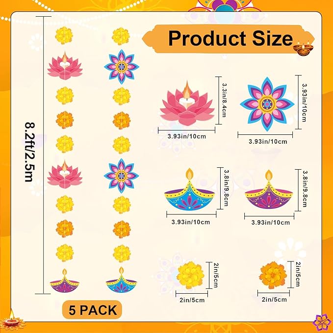 MARFOREVER 41 Ft Diwali Decorations Hanging Banner, Happy Diwali Hanging Streamers Diya Light Marigold Garland Indian Festival Decoration for Pooja Deepavali Home Doorway Curtain Party Supplies