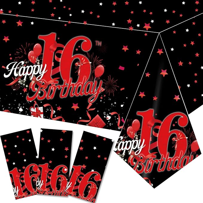 3 Pcs Happy 16th Tablecloth Decorations for Boy Girl Black Red 16 Birthday Theme Table Cover Party Supplies 16 Years Old Plastic Disposable Rectangular Table Cloth