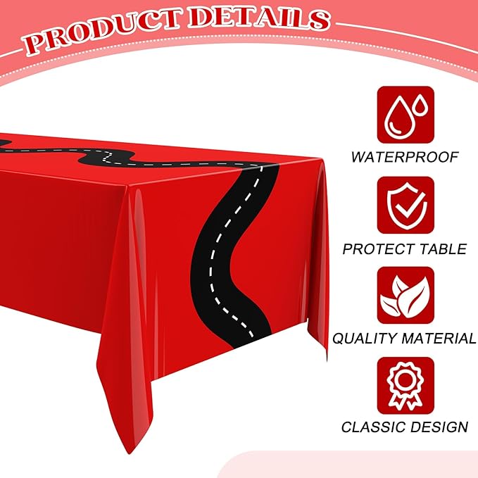 Irenare 3 Pcs Racing Table Cloths Car Birthday Party Supplies 54 x 108 Inch Racetrack Table Runner Covers Disposable Rectangular Road Tablecloth for Kids Boy Car Theme Birthday Party Decor (Red)