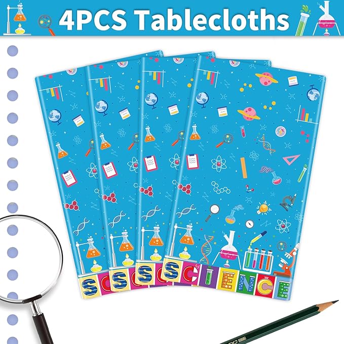 4 PCS Science Tablecloth Decorations Mad Scientist Theme Birthday Party Supplies Science Table Cover Rectangular  51 x 86in Laboratory Table Covers for Lab Party Decor