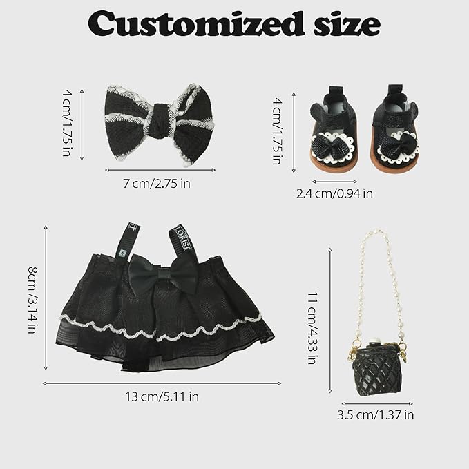 Clothes Compatible with LABUBU Doll – 4PCS Black Classic Dress Set, 17cm Doll Clothes Designer Outfit for Balletcore Elegance Theme, Chic Stylish Accessories for Labubu, No Doll (Black Swan Belle)