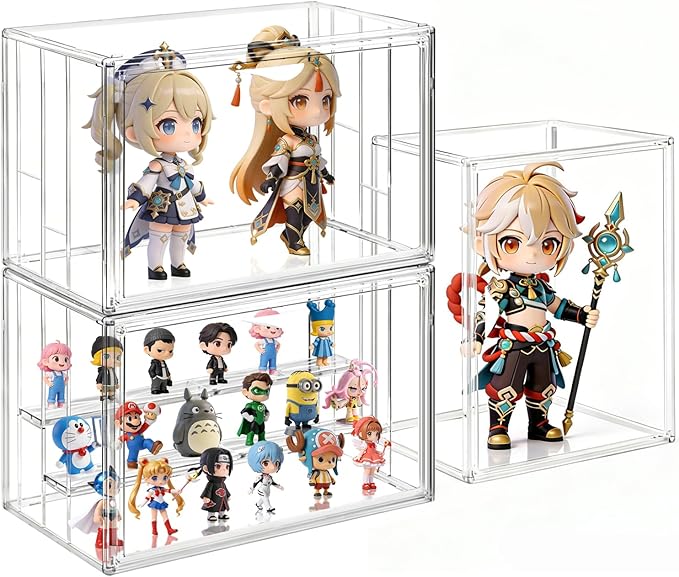 Clear Acrylic Display Case for Collectibles 3 Layer Adjustable Figure Display Box with 2 Movable Plates, Stackable Figurine Display Shelf with Magnetic Door for Action Figures, Funko (Large-1pcs)