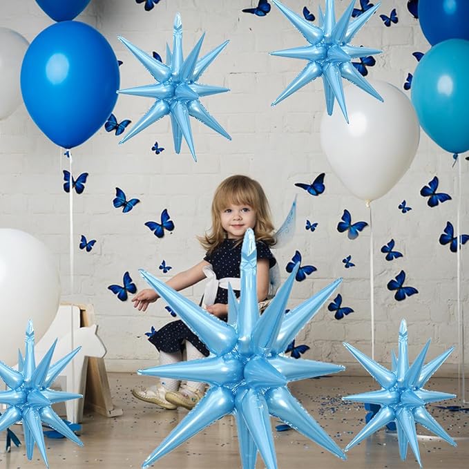 6 Pcs Light Blue Star Foil Balloons One-Piece 14-Pointed Star Balloon 4D Starburst Cone Mylar Balloon 22inch Christmas Birthday Wedding Wedding Anniversary Party Supplies (22&27 Inches Light Blue)