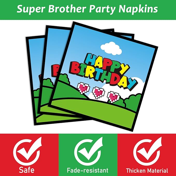 96 Pcs Super Brother Party Supplies Set Super Brother Plates Super Video Games Tablewear and Napkins Forks Super Bros Birthday Party Decorations for Kids Baby Shower Serves 24