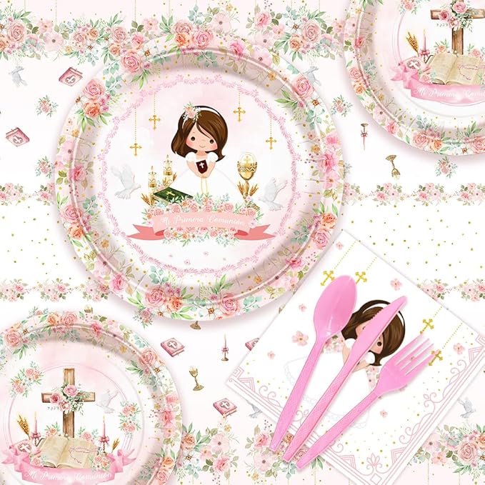 194 Pcs Pink Mi Primera Comunion Party Supplies Decorations for Girl Pink First Holy Communion Party Decorations Disposable Tableware Set with Plates Napkins and Tablecloth Serves 24 Guests