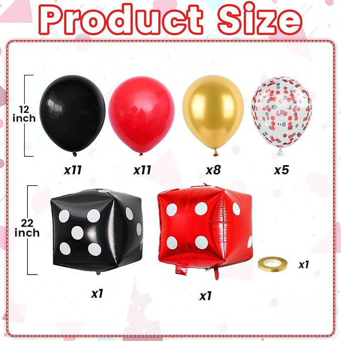 Casino Balloons, 12 Inch Black Red Metallic Gold Confetti Balloons with Dice Foil Balloons for Poker Las Vegas Game Night Theme Casino Party Supplies