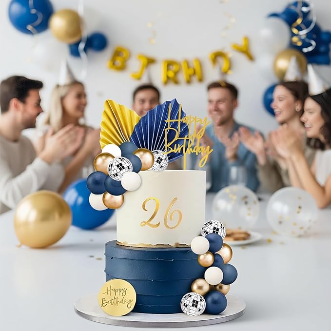 42Pcs Gold Blue White Balls Cake Topper Decorations with Disco Balls Palm Leaves Acrylic Numbers 0-9 and Happy Birthday Cake Toppers for Boho Wedding Baby Shower Birthday Party Supplies