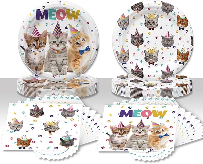40PCS Cat Birthday Party Supplies Kitten Birthday Party Decorations Cat Plates and Napkins Party Supplies Disposable Plates for Cats Themed Parties Supplies, Serves 20