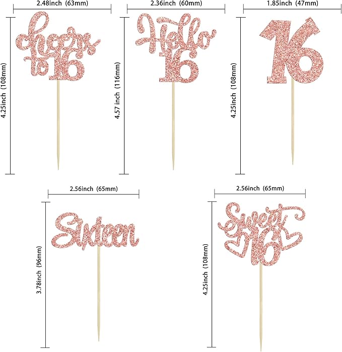 30Pcs 16th Birthday Cupcake Toppers Sixteen Happy 16th Cupcake Picks Cheers to 16 Sweet 16 Cake Decorations for Anniversary Party Supplies Rose Gold Glitter