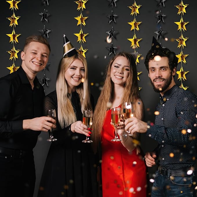 MARFOREVER 5 PCS 3D Black and Gold Star Garland, 41 Ft Star Metallic Paper Twinkle Hanging Sparkling Stars Banner Streamer for Birthday Wedding Baby Bridal Shower Holiday Graduation Party Supplies