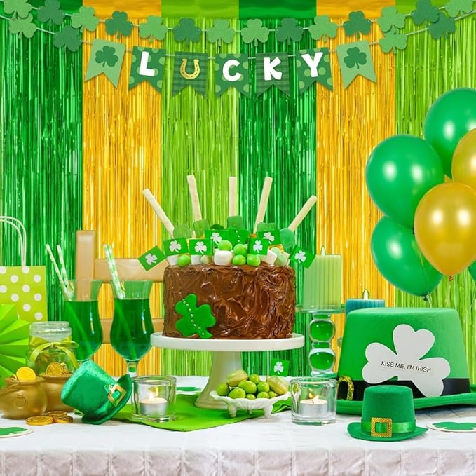Green Gold Light Gold Fringe Curtain Party Streamers 2Pack 3.3 x 8.3 Ft Foil Fringe Backdrop Curtains for Birthday Wedding Bridal Holiday Tinsel Streamers Green Party Decorations Door Streamer
