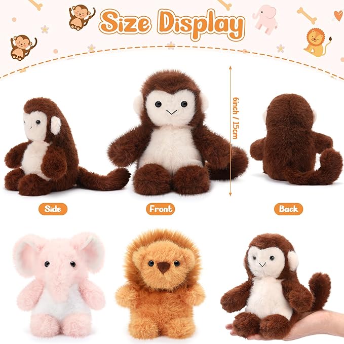 Gejoy 3 Pcs 6 Inch Forest Stuffed Animal, Soft and Fluffy Forest Series Plush Monkey Elephant Lion Stuffed Animals for Animal Kids Birthday Gift Easter Party Themed Decoration