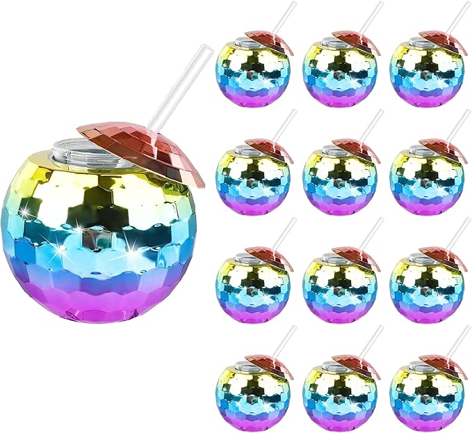 Disco Ball Cups, 20OZ Disco Party Cups with Lid and Reusable Straw Flash Ball Cocktail Cup for Party Nightclub Bar Supplies Wine Drinking Syrup Tea Bottle (12, Rainbow)