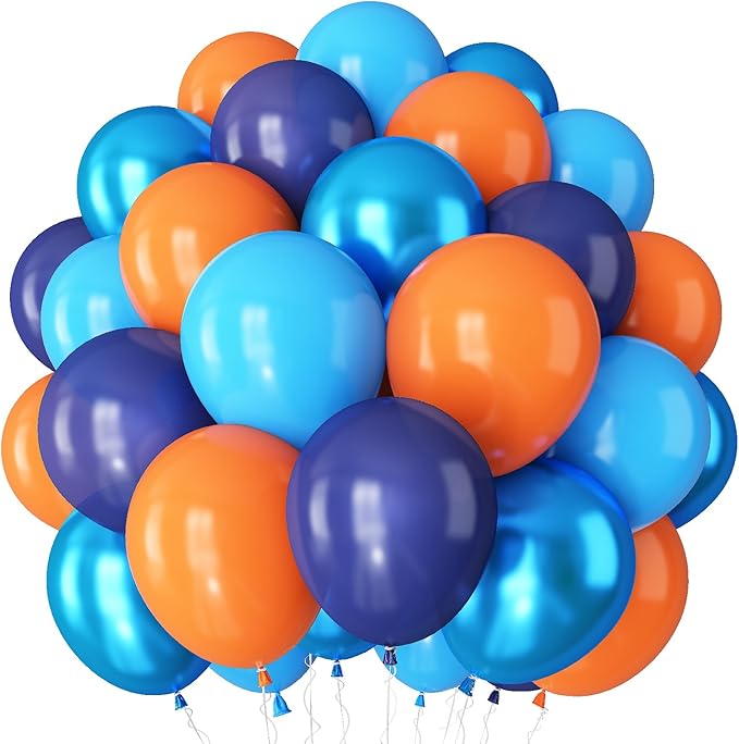 Orange and Blue Balloons, 60 Pcs 12Inch Navy Dark Light Metallic Blue and Matt Orange Latex Helium Balloon for Cartoon Kids Boy Men Birthdays Graduation Baby Shower Basketball Theme Party Decorations