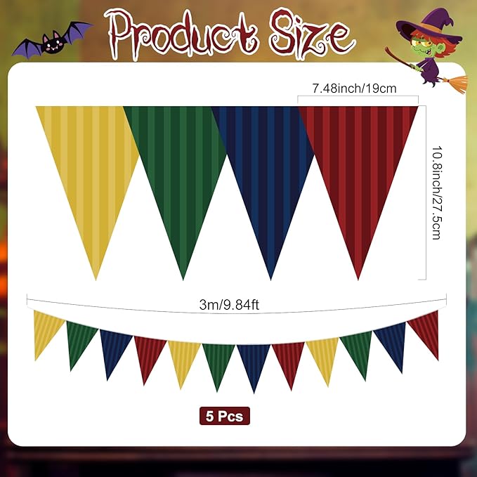Jetec 5 Pieces 49 Feet Wizard Party Banner Garland Colorful Triangle Flags, Fantasy Decoration Supplies for Indoor Outdoor Witch Birthday Classroom Home Office Halloween Theme
