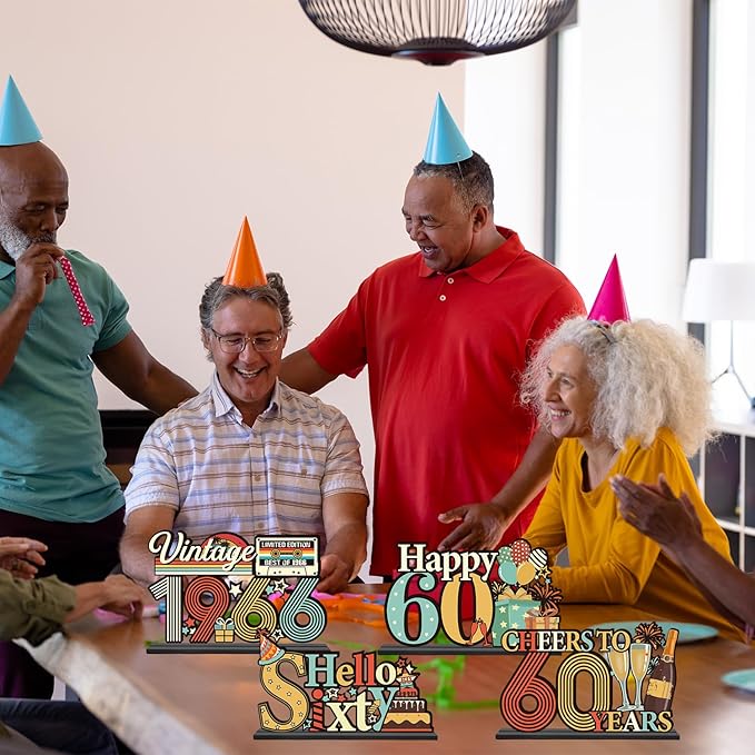 60th Birthday Decorations for Men Women - Colorful Vintage 1966 Sixty Birthday Wooden Centerpieces Table Decor, Cheers to 60 Years Old Bday Table Topper Sign Party Supplies
