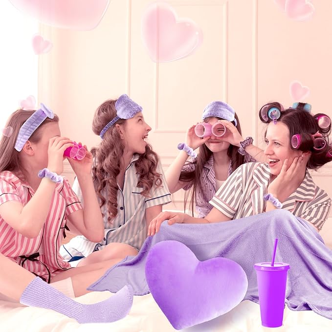 48 Pcs Sleepover Party Supplies Spa Birthday Slumber Pajamas Galentines Party Favors Coquette Throw Blanket Pillow Headband Scrunchies Eye Mask Cup Socks(Purple,Solid Color)