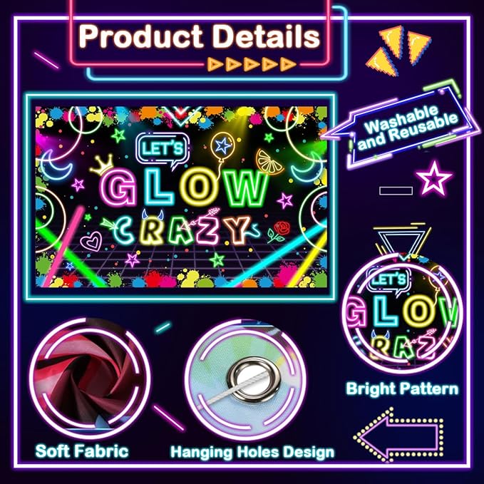 Neon Glow Party Decorations Supplies Include Neon Let's Glow Backdrop Glow in The Dark Party Supplies, 18Pcs Glow in the Dark Balloons and 1Pcs Glow Party Banner for Neon Birthday Party Decorations