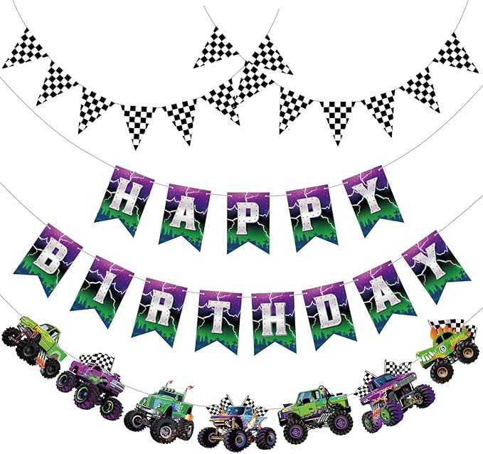 Pasimy 4 Pcs Monster Truck Birthday Banner Cars Truck Garland Black and White Checkered Flags Pennants Green Purple Happy Birthday Bunting Racing Car Theme Party Decorations Supplies