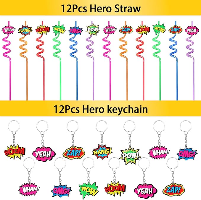 208Pcs Hero Party Favors - for 12 Guests, Hero Birthday Party Supplies, with Mask Straw Slap Bracelets Keychain Party Blowers Stickers Sticky Hands for Goodie Bag Stuffer, Pinata Filler