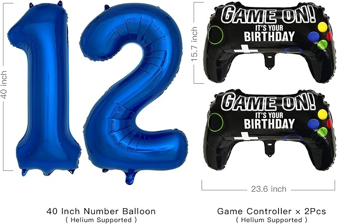 Navy Blue Video Game Party Supplies Boys 12th Birthday Party Decorations- 2 Packs Game On Balloons with Dark Blue Number 12 Balloon