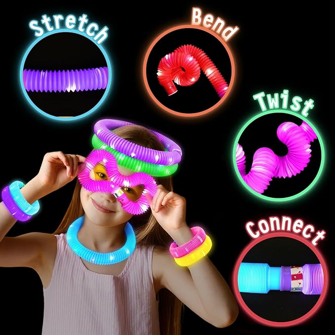 24 Pcs Large Glow Sticks for Kids,Christmas Light Up Pop Tubes Party Favors,Valentine Glow In The Dark Bulk Toys Classroom Supplies,Led Necklace Goodie Bag Stocking Stuffers Decor for Camping Dance