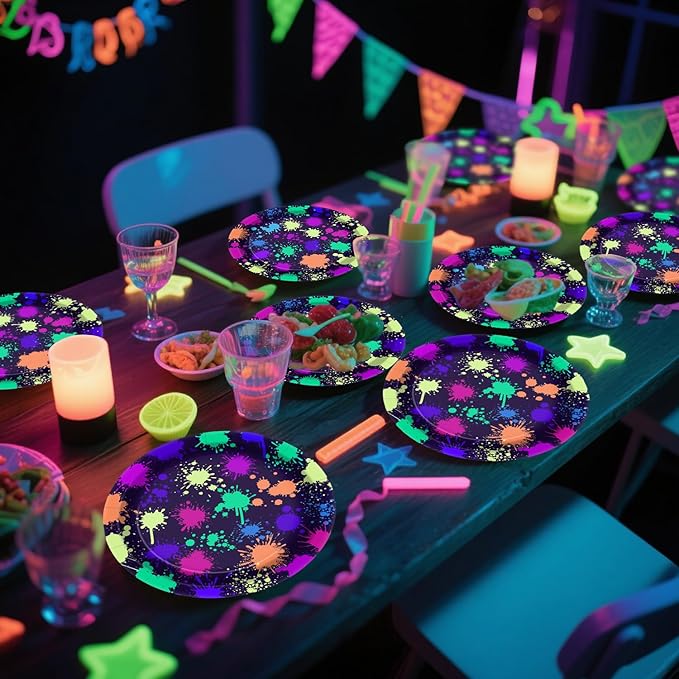 Neon Paper Plates - Glow in the Dark Party Supplies Include 7'' 9'' Printed with Graffiti Plates for Let's Glow Party Decorations, Serves 20