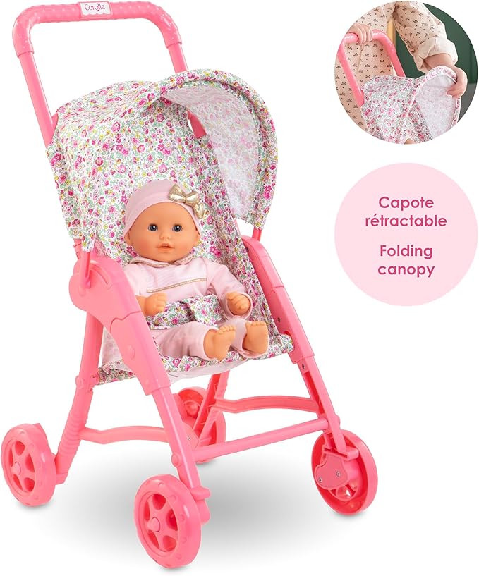 Corolle Mon Premier Poupon Foldable Baby Doll Stroller Set - Lightweight Toy Stroller for Toddlers 1-3 - Pink & White Doll Carriage for 12 Inch Dolls