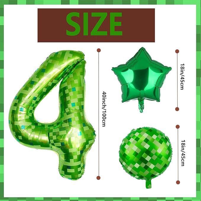 40 Inch Green Pixel Miner Number 4 Foil Balloon Set 5Pcs Large Mylar Mining Theme 4th Number Balloons Pixel Cubes Video Game Birthday Party Decorations