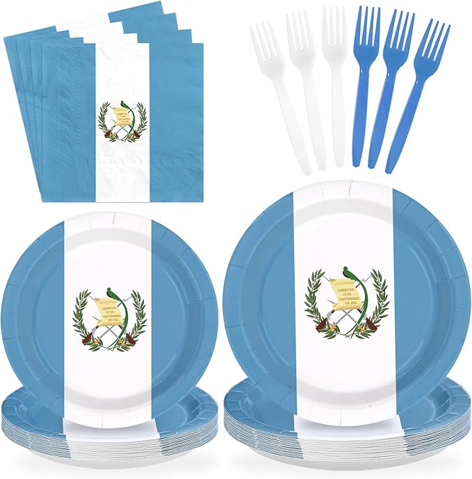 96Pcs Guatemala Flag Party Supplies Guatemalan National Flag Plates and Napkins White Blue Country Flags Tableware Set for School Sports Events Patriotic Festival Party Supplies，Serves 24