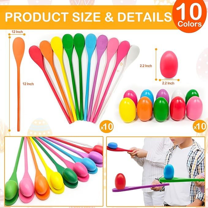 TOPLEE 20 Pcs Easter Egg and Spoon Race Game Set, 10 Players Balance Relay Easter Games Include 10 Eggs and Wooden Spoons for Kids Family Carnival Outdoor Games Holiday Birthday Party Supplies