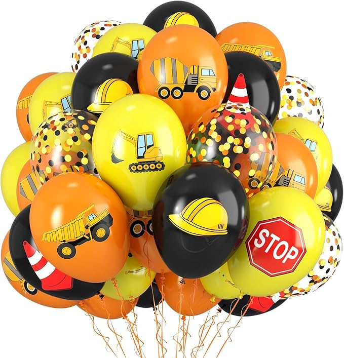 Construction Balloons, 12 Inch Black Yellow Orange Confetti Truck Construction Party Latex Balloons for Boy Excavator Party Baby Shower Truck Themed Birthday Decorations