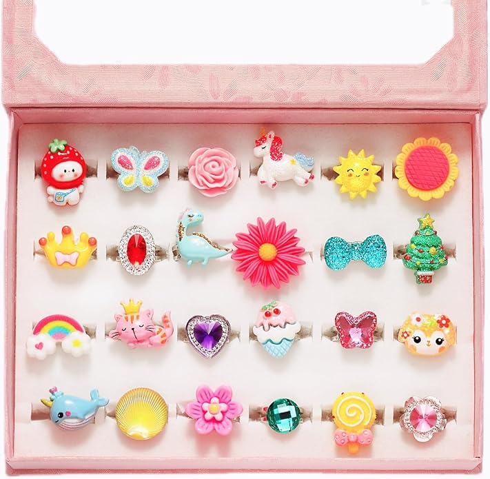 PinkSheep Little Girl Jewel Rings in Box, Adjustable, No Duplication, Girl Pretend Play and Dress Up Rings (24 Lovely Ring)