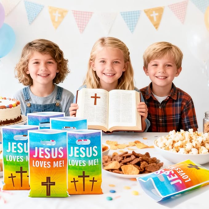 Jesus Loves Me Party Favor Bag - 50Pcs Rainbow Religious Christian Goodie Candy Treat Gift Bags Christian Cross Party Supplies for Valentine's Day Sunday School VBS Church Bible Verse Easter Birthday