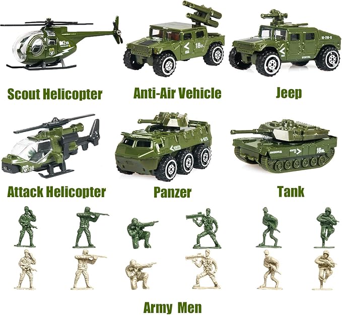 18 Pack Die-cast Military Vehicles Sets,6 Pack Assorted Alloy Metal Models Car Toys and 12 Pack Soldier Army Men, Mini Army Toy Tank,Panzer,Anti-Air Vehicle,Helicopter Playset for Kids Boys