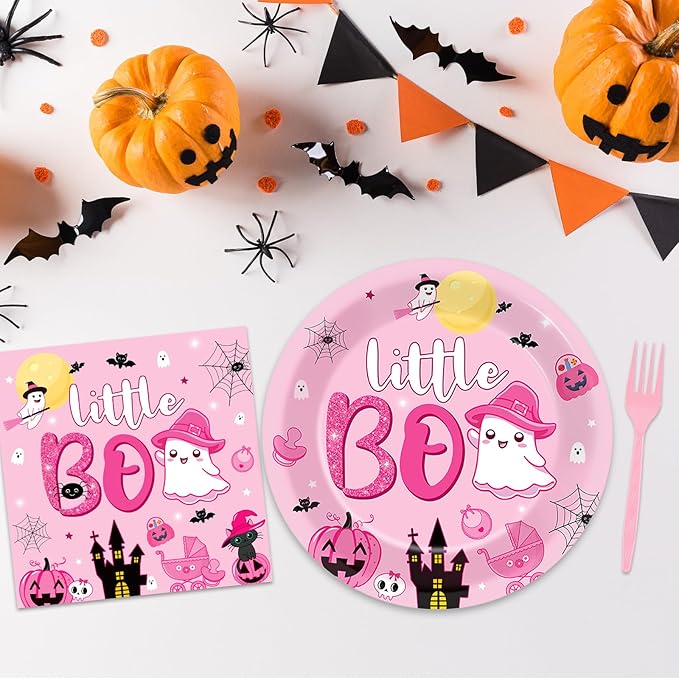 ZOIIWA 96PCS Halloween Little Boo Baby Shower Party Tableware Set for Girls Ghost Party Supplies for 24 Guests Disposable Pink and Black Boo Dinnerware Plates Napkins Forks for Halloween Party Favors