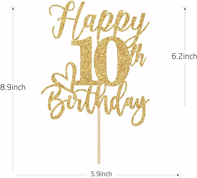 Happy 10th Birthday Cake Topper, 10th Birthday Decorations, Double Digits, Hello 10, 10th Happy Birthday Party Supplies Gold Glitter