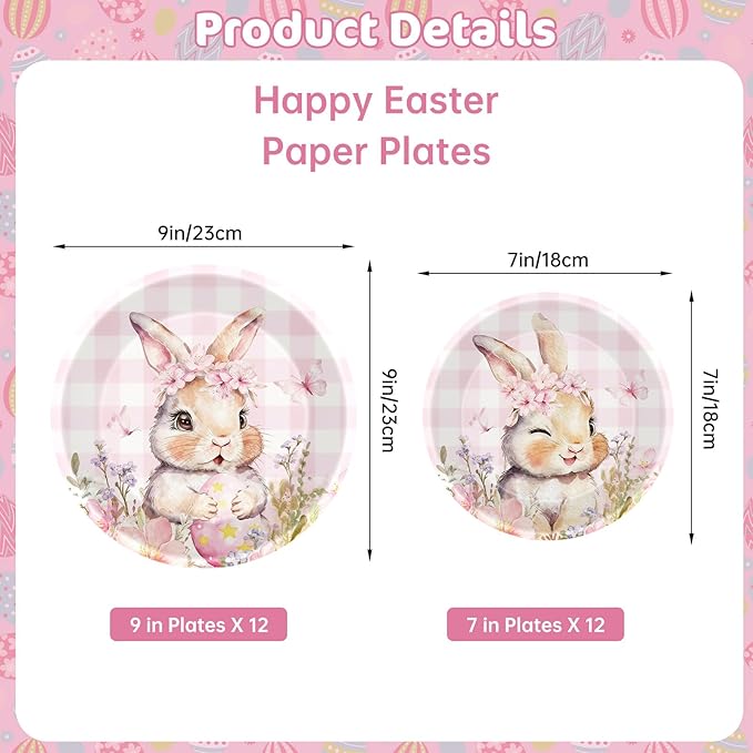 24 Pcs Easter Plates - Spring Flowers Buffalo Plaid Easters Rabbit Paper Plate, Pink Cute Bunny Dinner Dessert Plates Disposable Round Tableware Set for Happy Easter Table Decorations Party Supplies