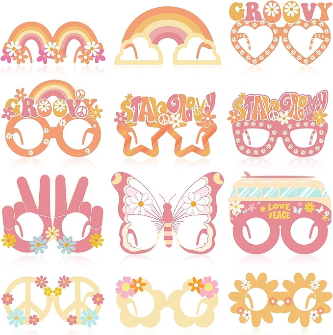 Qilery 36 Pieces 70s Groovy Party Decorations Favors Hippie Groovy Paper Glasses 60s Hippie Glasses Favors Retro Flower Power Peace Love Eyeglasses for 70s Birthday Bachelorette Decor Supplies