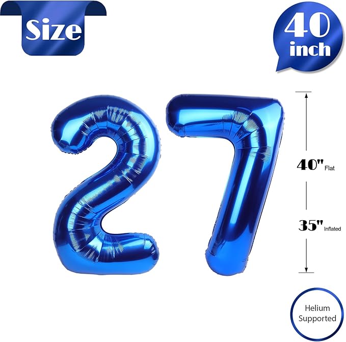 Navy Blue Number 27 Balloon 40 inch, 27 Number Balloons, 27th Navy Blue Birthday Decorations, 27 Year Old Women Men Blue Party Supplies