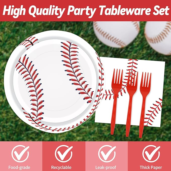 96 Pcs Baseball Paper Plates and Napkins Party Supplies, Baseball Party Plates Napkins and Forks Disposable Tableware Set for for Sports Theme Birthday Party Decorations Serves 24 (Baseball)