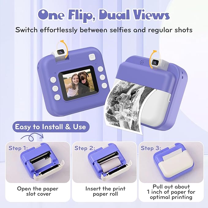 Kids Camera Instant Print with Flip Lens, Digital Camera Print Photos for Toddler Toys, HD Camcord 1080P Video, Portable Travel Toys Birthday Gift for 4 5 6 7 8 9 10 Years Girls Boys Purple
