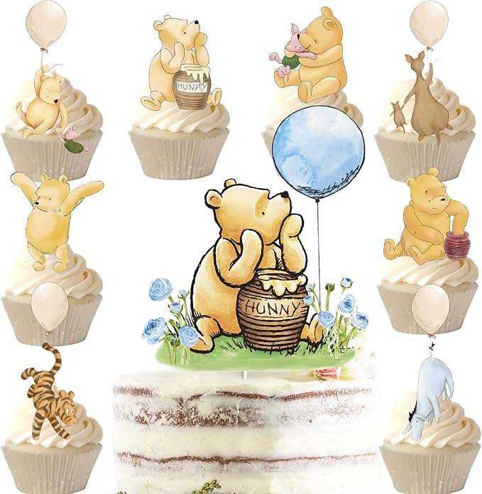 25PCS Winnie Cake Topper and Cupcake Toppers Kit For Baby Shower Decorations Boys Pooh Birthday Cake Decorations Oh Baby Party Supplies
