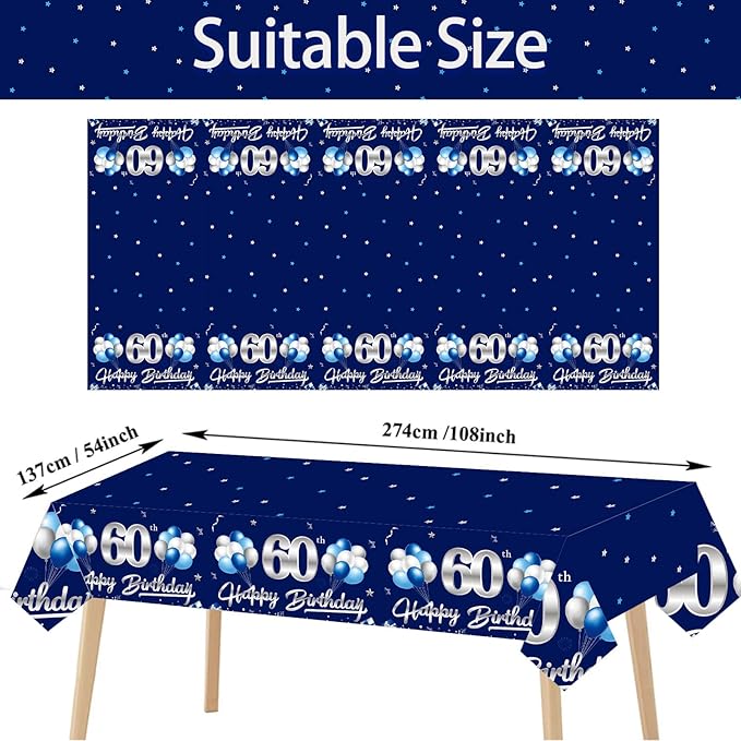 3 Pack Blue Silver 60th Birthday Tablecloth Decorations for Men, Navy Blue Happy 60 Table Cover Party Supplies, Sixty Years Old Birthday Disposable Table Cloth for Indoor Outdoor