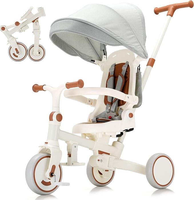 7-in-1 Toddler Tricycle with Parent Push Handle & Canopy, Fully Foldable & Adjustable Stroller, Balance and Pedal Bike for Kids 18 Months to 5 Years,Beige