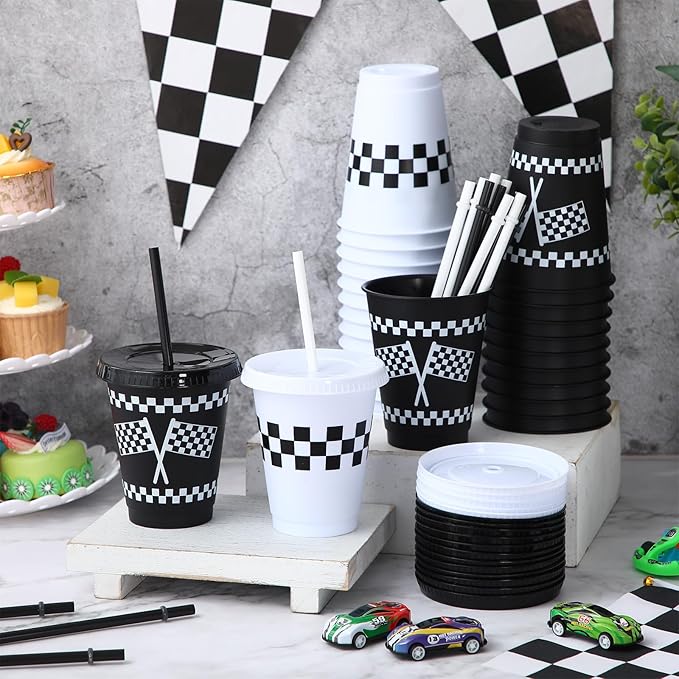 Sieral 30 Pcs Checkered Cups with Straws and Lids 16 oz Race Car Cups White Black Checkered Flag Plastic Tumblers Reusable Iced Coffee Travel Mug for Racing Party Supplies Decorations