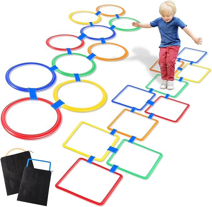 Woanger 2 Sets of Hopscotch Outdoor Squares 20 Pcs Hopscotch Ring Game with 30 Pcs Connectors Outdoor Indoor Obstacle Course for Kids Playground Agility Training(Hoop, Square,11 Inch, 15 Inch)